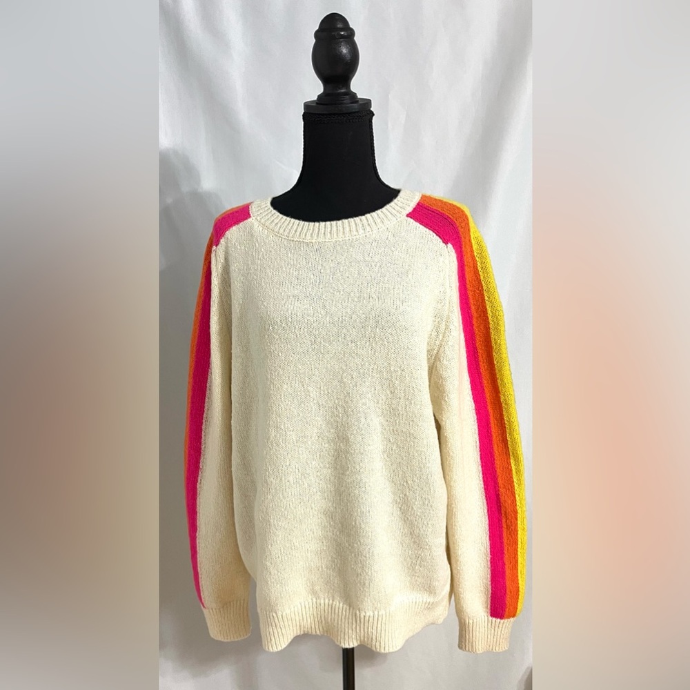 JODIFL Cream Crew Neck Sweater with Colorful Striped Sleeves size medium